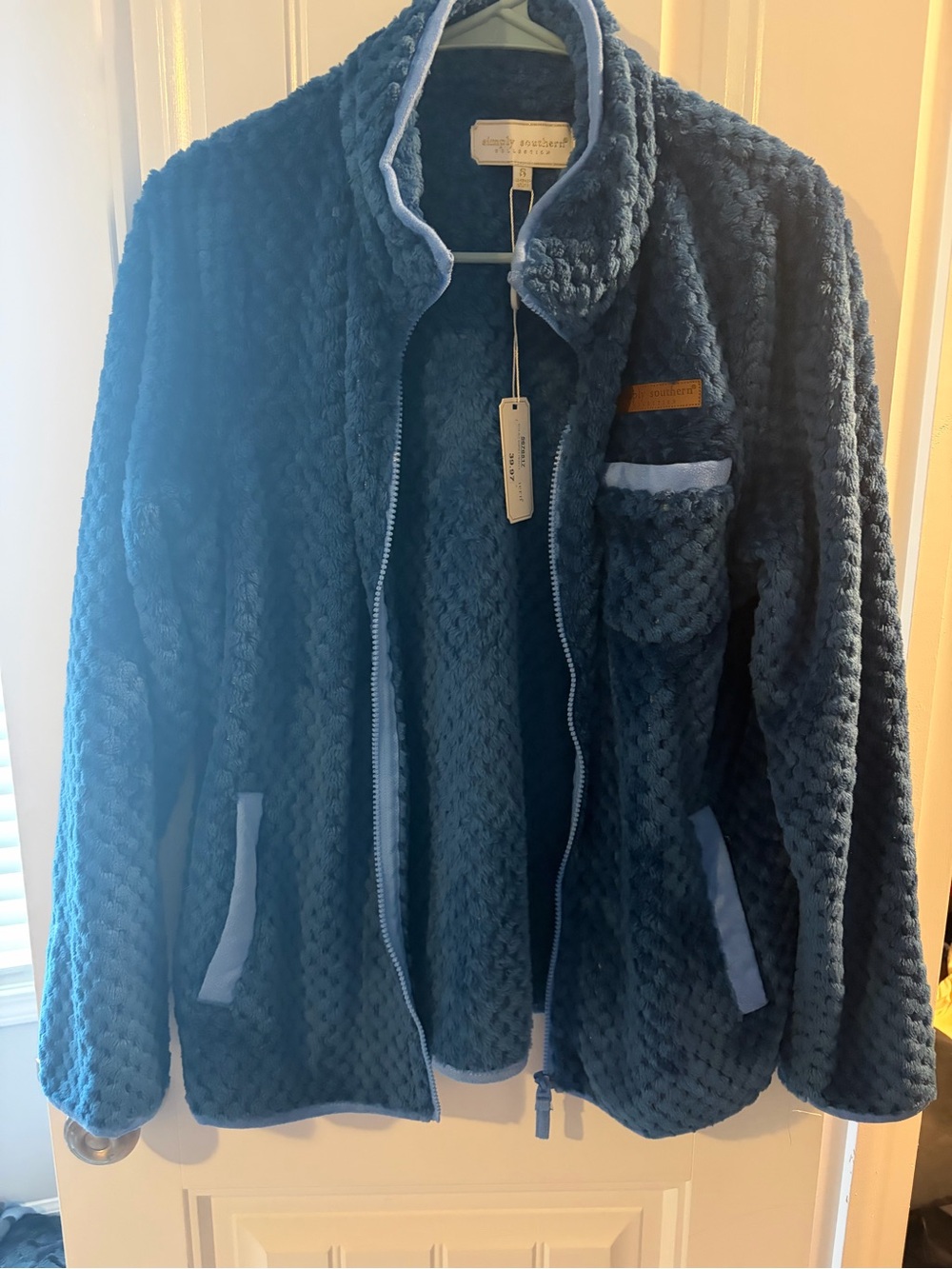 Simply Southern Men's Navy Plush Zip Jacket with Light Blue Trim